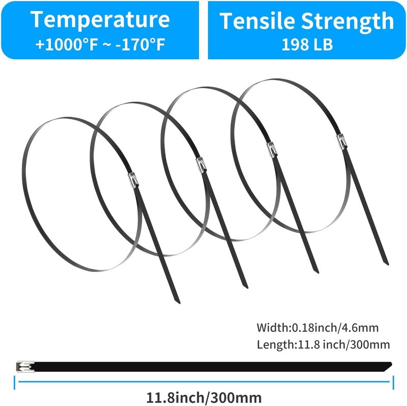 XINGO 18 inch Metal Long Zip Ties Heavy Duty 100 Pack, 304 Stainless Steel Zip Ties, 300lbs Tensile Strength, Multi-Purpose Self-Locking Cable Ties for Exhaust Wrap, Outdoor and Canopy Etc - Image 2